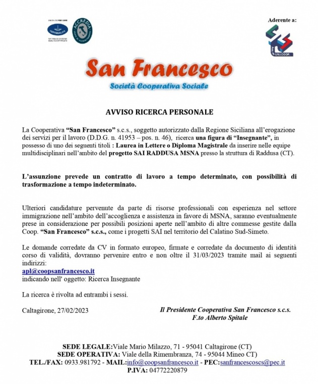 AVVISO RICERCA PERSONALE. La Coop. “San Francesco” s.c.s. ricerca la figura di INSEGNANTE. Domande entro e non oltre 31/03/2023